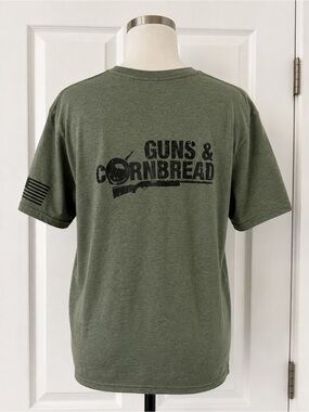 Guns & Cornbread Olive Graphic T-Shirt USA Flag Sleeve Size XL